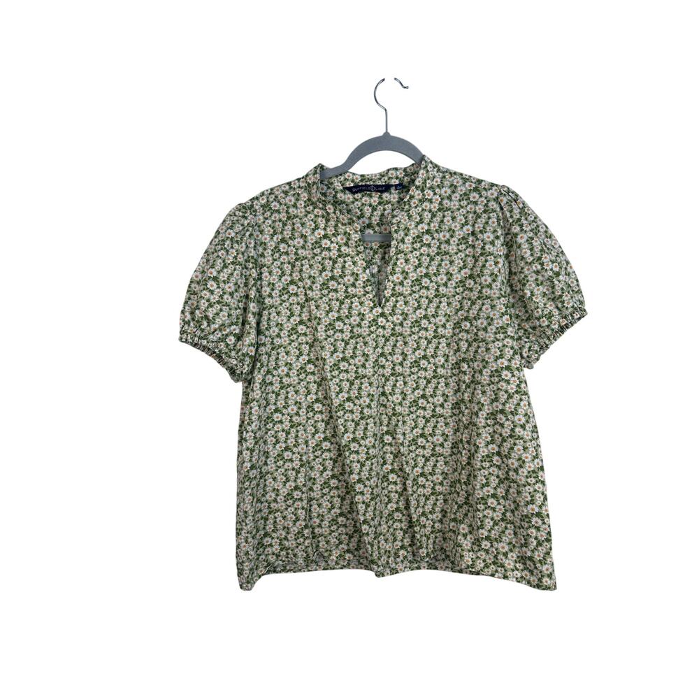 Duffield Lane Brooke Blouse Green Daisies Floral Short Puff Sleeve Sze Large